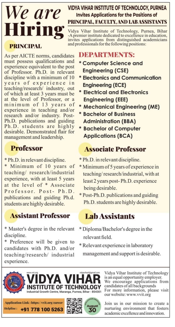 Vidya Vihar Institute of Technology(VVIT) Faculty Recruitment Job 2024